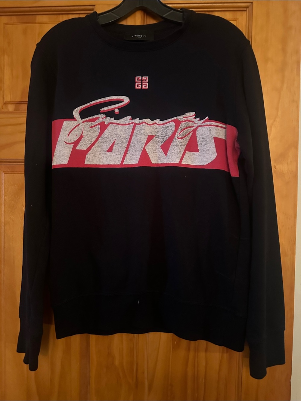 Unverified Givenchy Black Crewneck Sweatshirt with red & white 'Paris' Logo